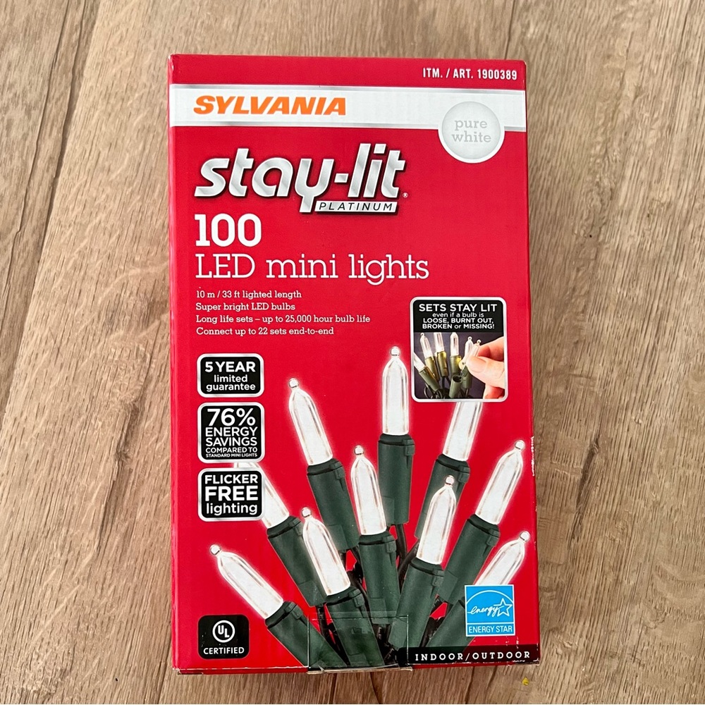 SEALED Box Sylvania Stay-Lit Platinum 100 LED Mini Lights Pure White 33 Ft‎ NIB